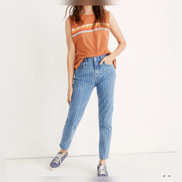 MADEWELL THE PERFECT VINTAGE CROP JEAN WOMEN 26 RETRO STRIPED BLUE WHITE DENIM - Picture 1 of 15